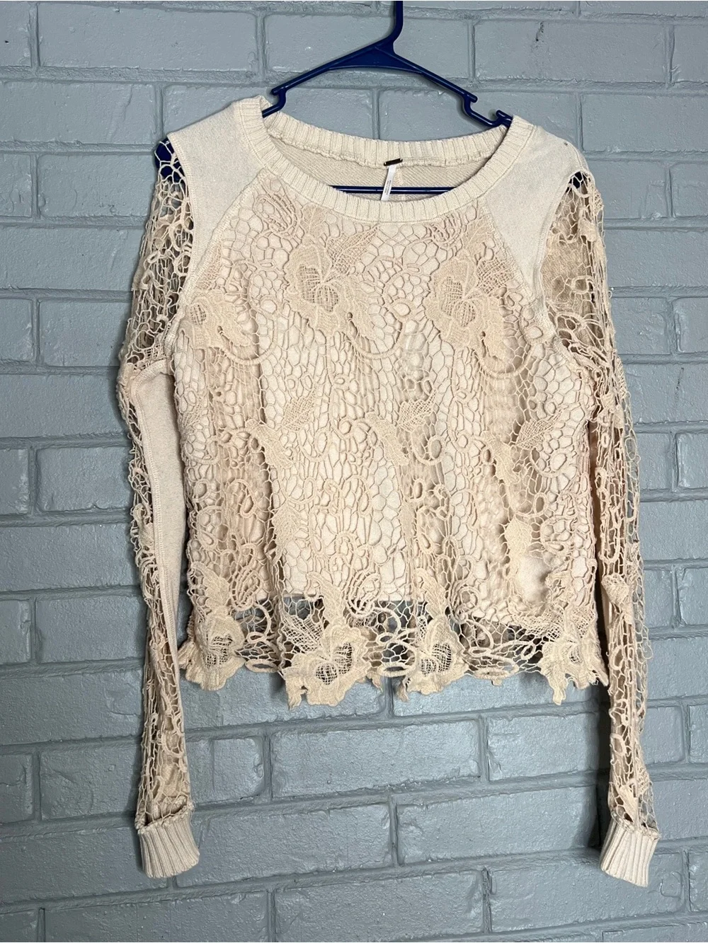 Free People Pretty Rad Champagne Crochet Open Back Lace Long-Sleeve Top - XS